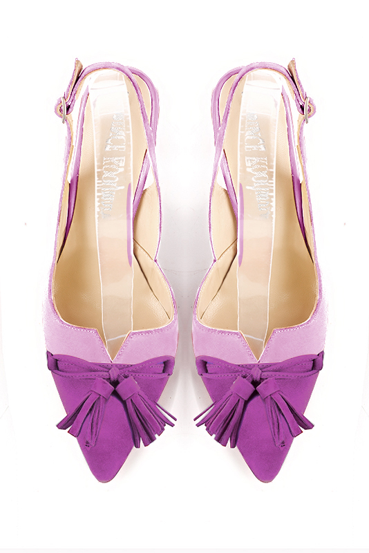 Mauve purple women's open back shoes, with a knot. Tapered toe. High slim heel. Top view - Florence KOOIJMAN